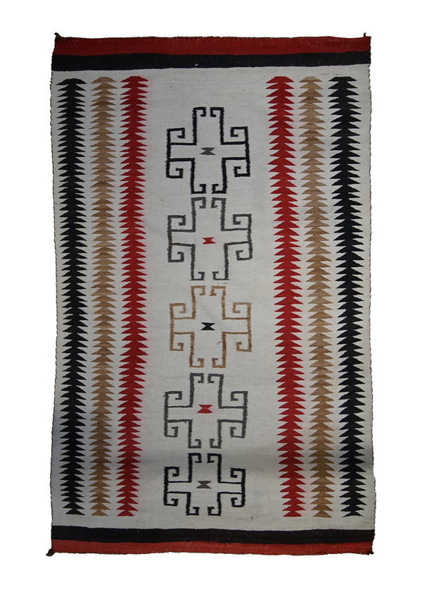 A33497 Native American Rug Navajo Handmade Area Antique 3'3'' x 5'3'' -3x5- Whites Beige Black Red Geometric Design
