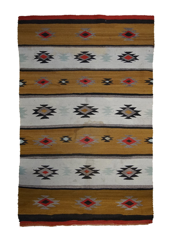 A33500 Native American Rug Navajo Handmade Area Antique 3'2'' x 5'0'' -3x5- Multi-color Whites Beige Yellow Gold Chrystal Geometric Design