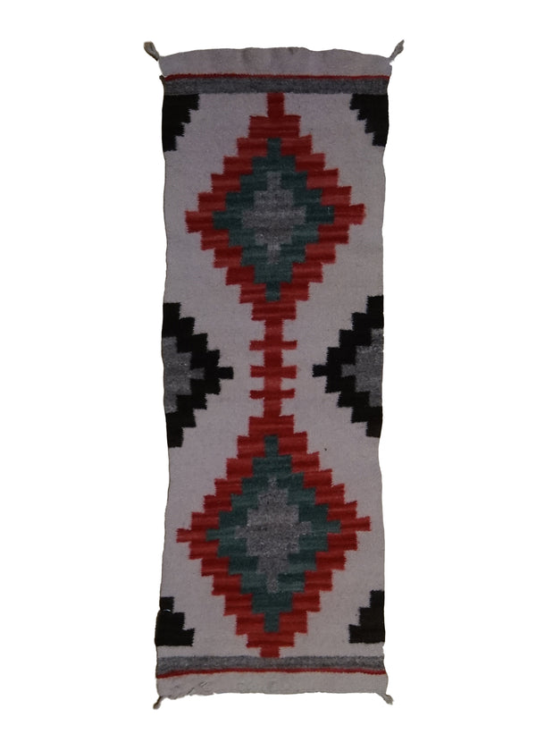 A33502 Native American Rug Navajo Handmade Area Antique 0'12'' x 3'1'' -1x3- Whites Beige Red Geometric Design