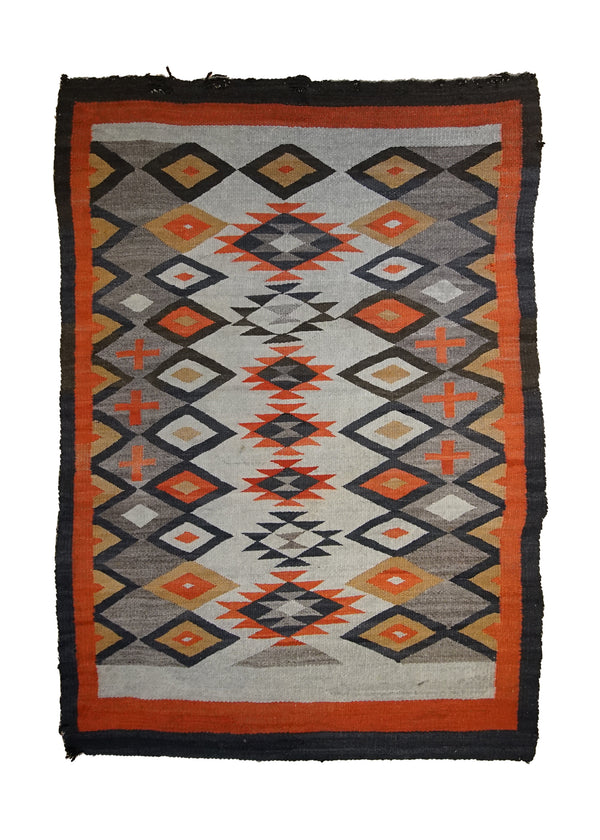 A33504 Native American Rug Navajo Handmade Area Antique 4'7'' x 6'4'' -5x6- Whites Beige Orange Geometric Design