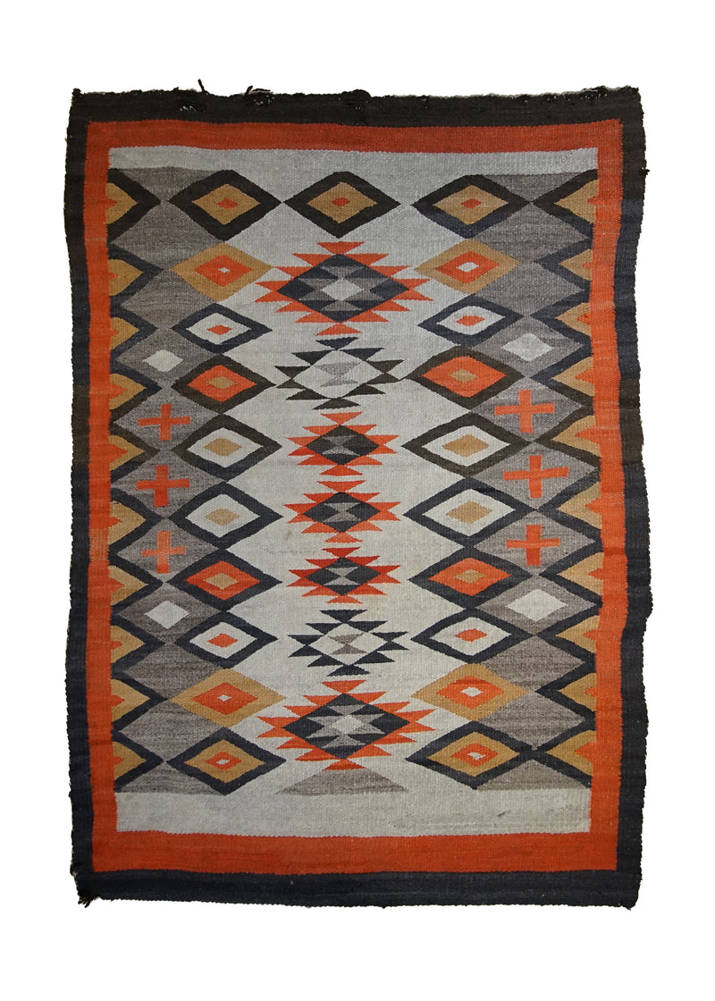 A33504 Native American Rug Navajo Handmade Area Antique 4'7'' x 6'4'' -5x6- Whites Beige Orange Geometric Design