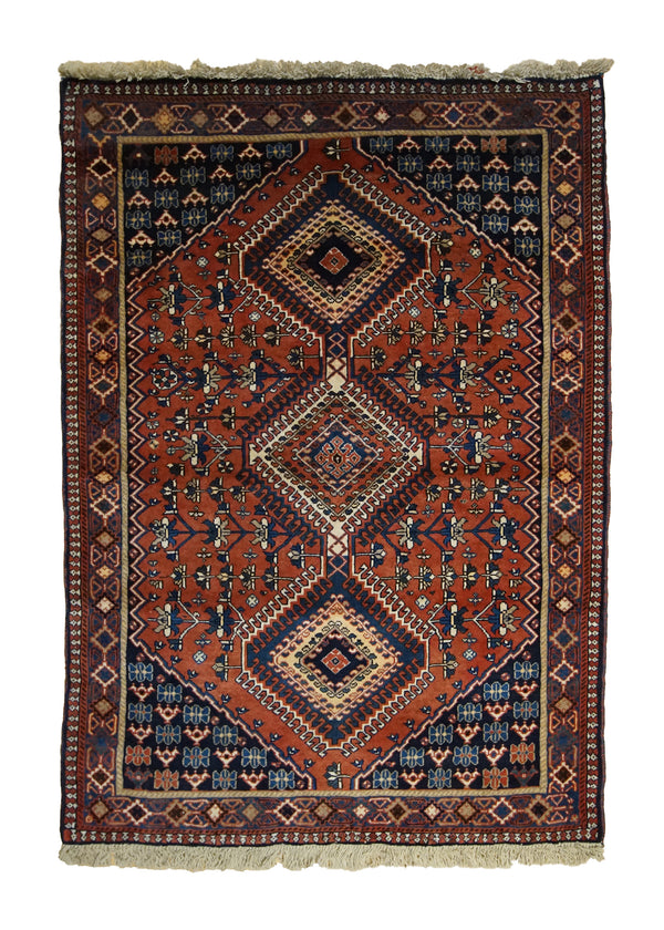A33509 Persian Rug Yalameh Handmade Area Tribal 3'4'' x 4'10'' -3x5- Red Whites Beige Geometric Design