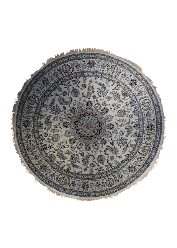 A33563 Oriental Rug Indian Handmade Round Traditional 8'10'' x 8'10'' -9x9- Whites Beige Blue Nain Floral Design