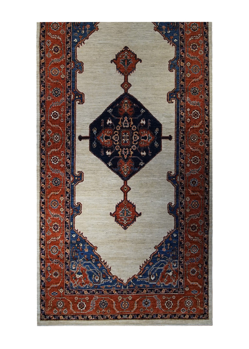 A33564 Oriental Rug Pakistani Handmade Area Transitional Tribal 5'1'' x 10'8'' -5x11- Whites Beige Red Serapi Geometric Design