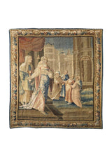 A33573 European Rug Handmade Area Traditional Antique 7'10'' x 9'3'' -8x9- Blue Brown Yellow Gold Tapestry Flemish Pictorial France Design