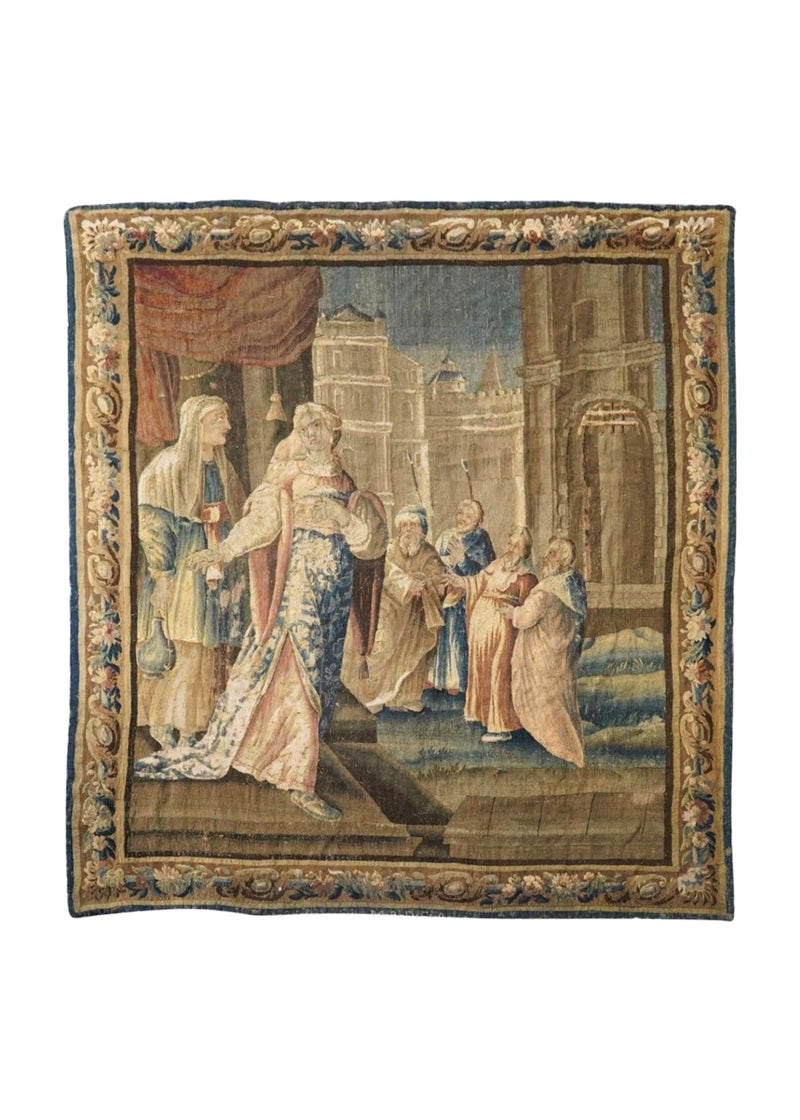 A33573 European Rug Handmade Area Traditional Antique 7'10'' x 9'3'' -8x9- Blue Brown Yellow Gold Tapestry Flemish Pictorial France Design