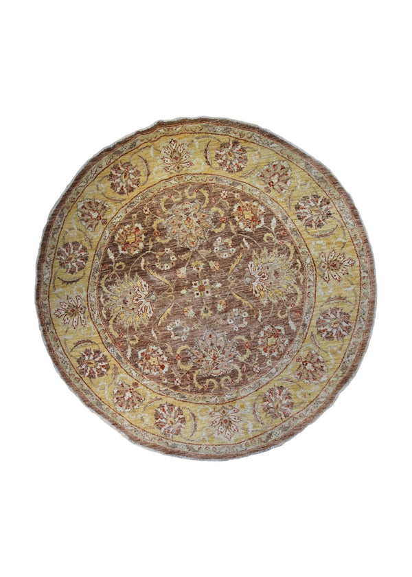 A33611 Oriental Rug Pakistani Handmade Round Transitional 5'12'' x 6'0'' -6x6- Brown Yellow Gold Antique Washed Oushak Floral Design