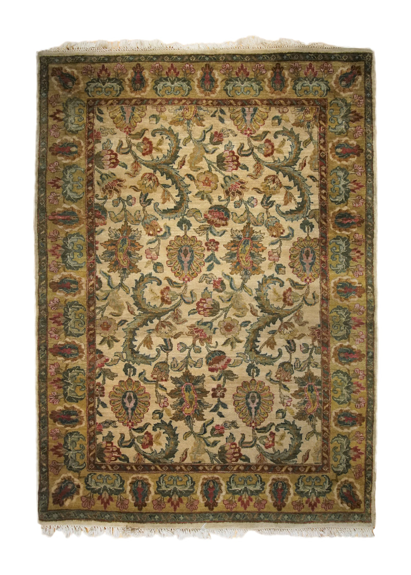 A33613 Oriental Rug Indian Handmade Area Transitional 4'12'' x 6'10'' -5x7- Whites Beige Green Yellow Gold Tea Washed Floral Design