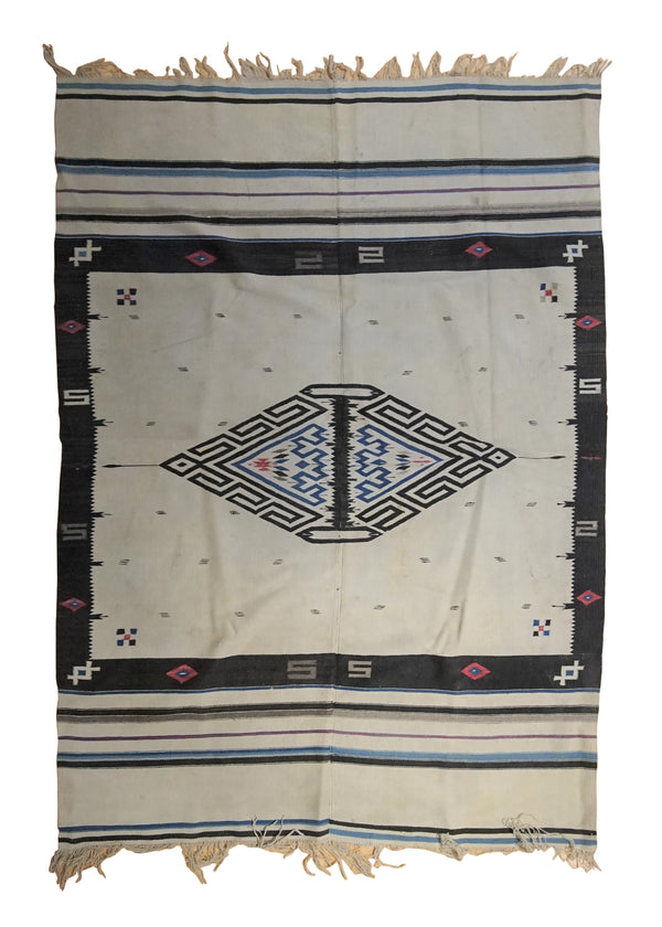 A33660 Native American Rug Mexico Handmade Area Tribal Antique 4'3'' x 6'1'' -4x6- Whites Beige Chimayo Geometric Design