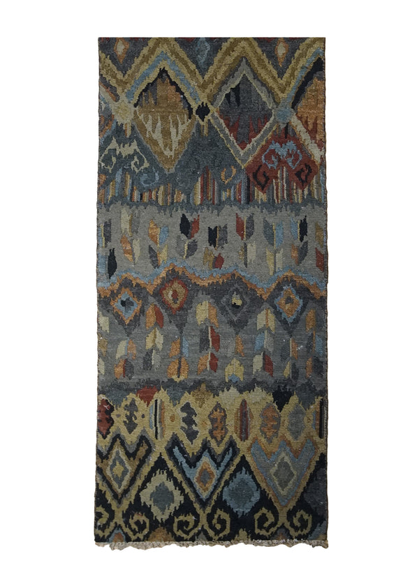 A33719 Oriental Rug Indian Handmade Runner Modern 2'5'' x 12'0'' -2x12- Multi-color Gray Geometric Soumak Design