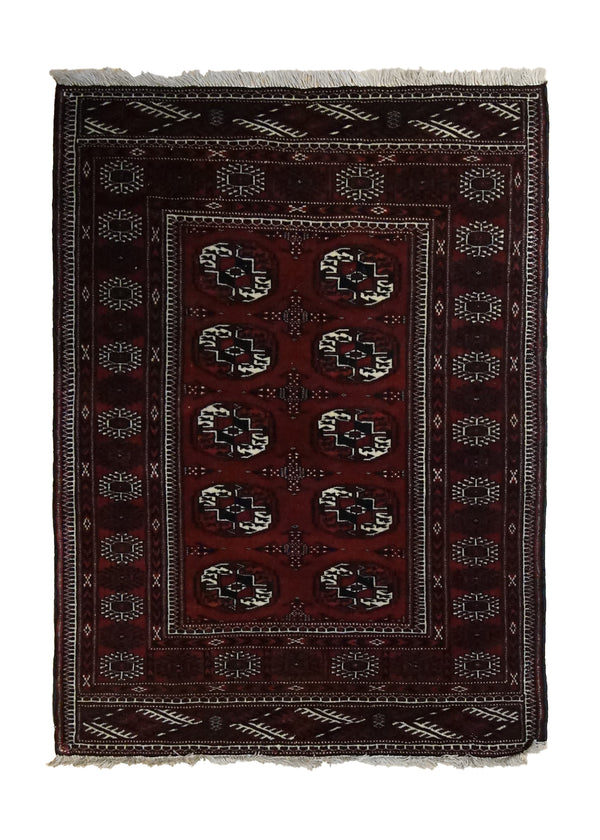 A33728 Persian Rug Turkmen Handmade Area Tribal 2'11'' x 4'0'' -3x4- Red Black Geometric Bokhara Elephant Foot Design