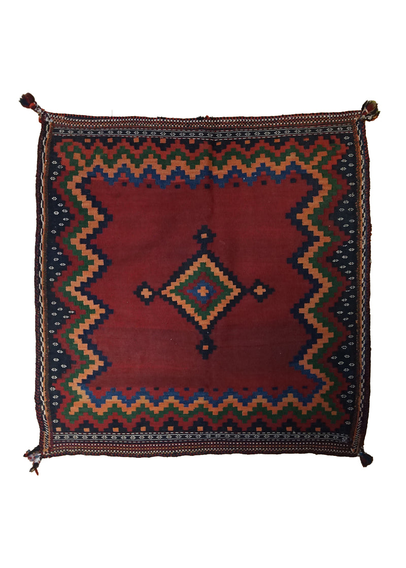 A33737 Persian Rug Shiraz Handmade Square Tribal 4'3'' x 4'7'' -4x5- Red Green Geometric Design