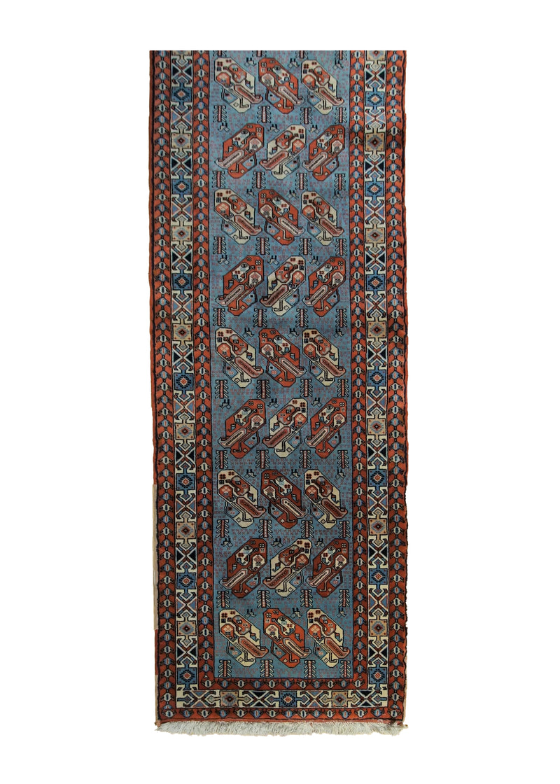 A33753 Persian Rug Quchan Handmade Runner Tribal 2'6'' x 7'9'' -3x8- Blue Red Paisley Boteh Design