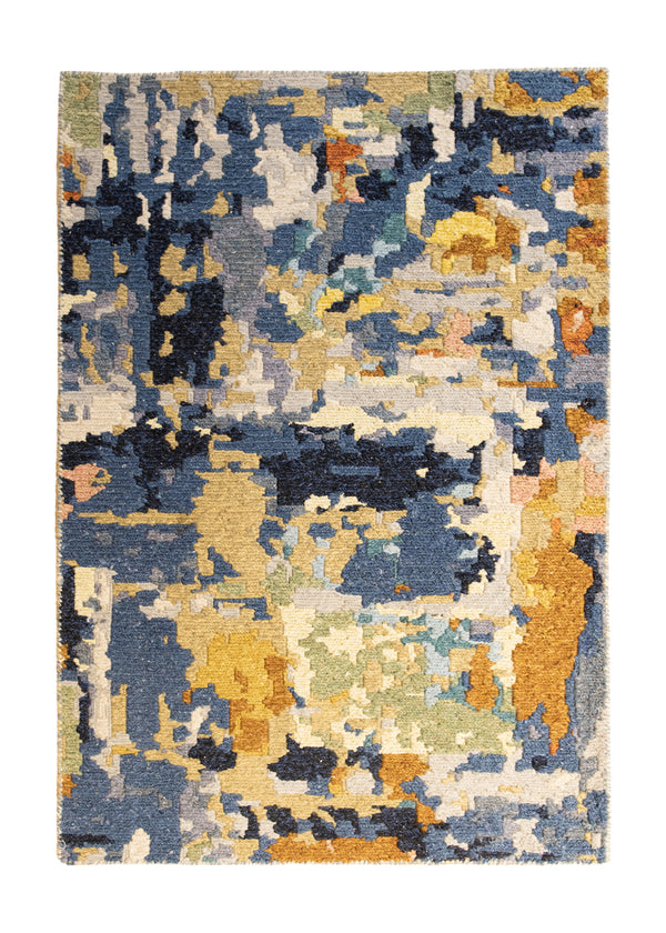 A33781 Oriental Rug Indian Handmade Area Modern 2'0'' x 3'0'' -2x3- Blue Yellow Gold Abstract Splatter Design
