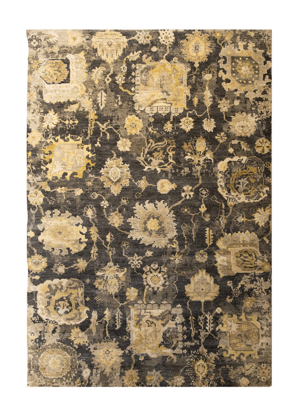 A33785 Oriental Rug Indian Handmade Area Transitional 4'0'' x 5'10'' -4x6- Black Gray Yellow Gold Floral Oushak Design