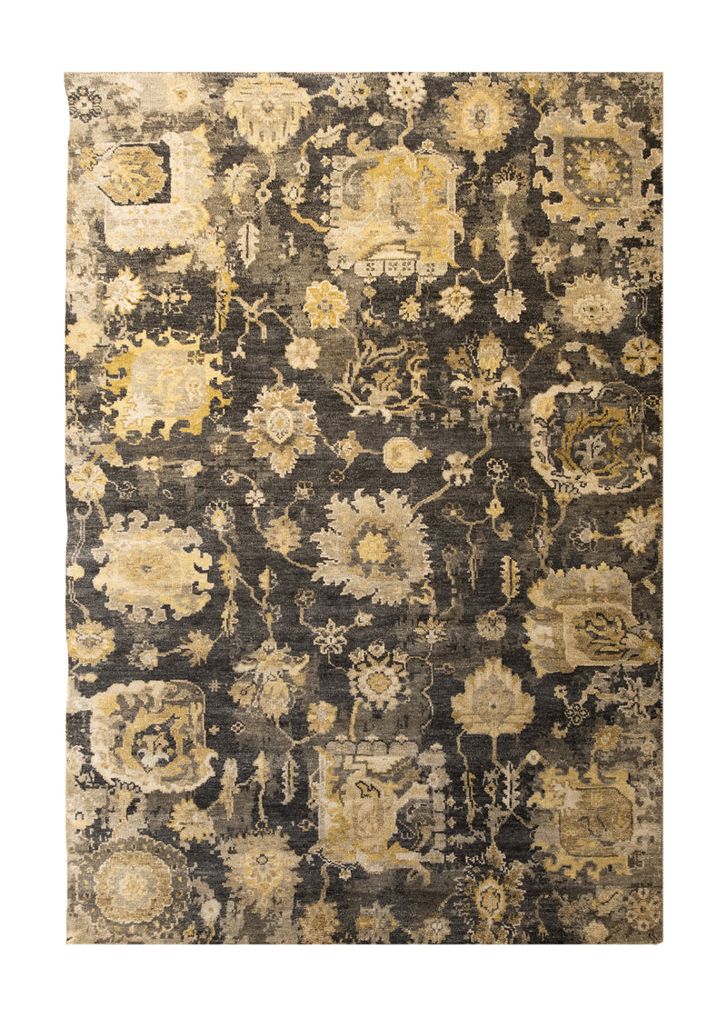 A33785 Oriental Rug Indian Handmade Area Transitional 4'0'' x 5'10'' -4x6- Black Gray Yellow Gold Floral Oushak Design