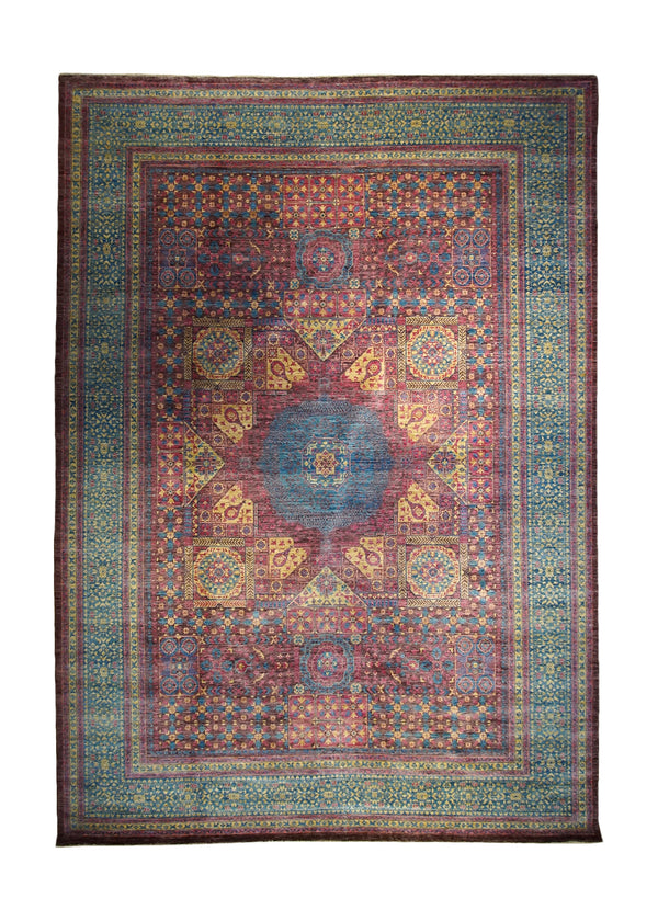 A33802 Oriental Rug Pakistani Handmade Area Transitional Tribal 9'9'' x 13'9'' -10x14- Blue Pink Mamluk Geometric Nooristan Design