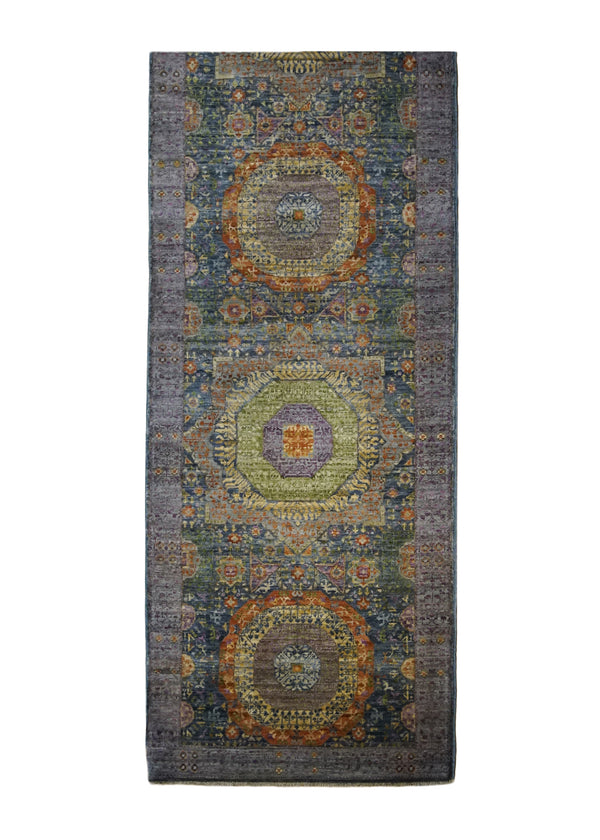 A33803 Oriental Rug Pakistani Handmade Runner Transitional Tribal 2'8'' x 9'7'' -3x10- Green Blue Mamluk Geometric Nooristan Design