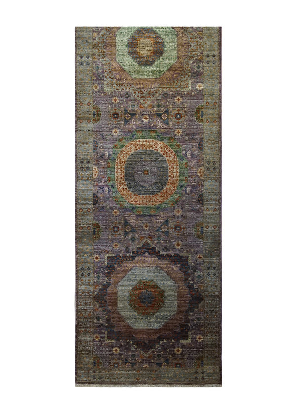 A33806 Oriental Rug Pakistani Handmade Runner Transitional Tribal 2'6'' x 19'7'' -3x20- Green Purple Mamluk Geometric Nooristan Design