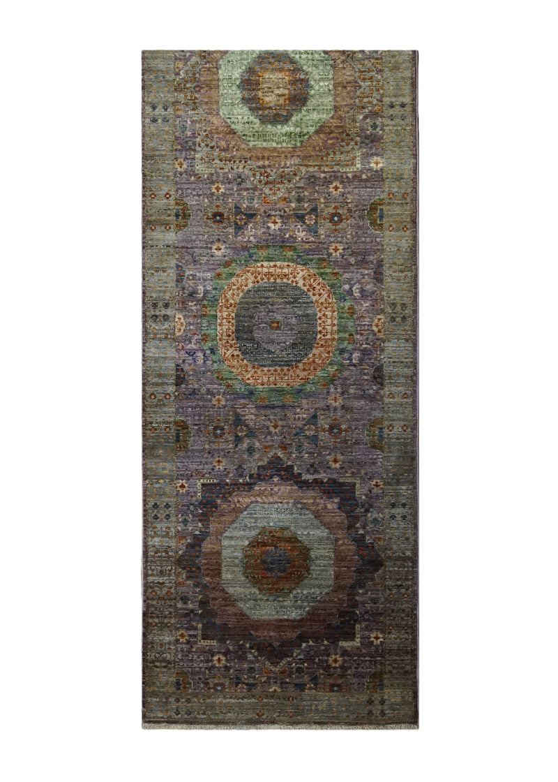 A33806 Oriental Rug Pakistani Handmade Runner Transitional Tribal 2'6'' x 19'7'' -3x20- Green Purple Mamluk Geometric Nooristan Design