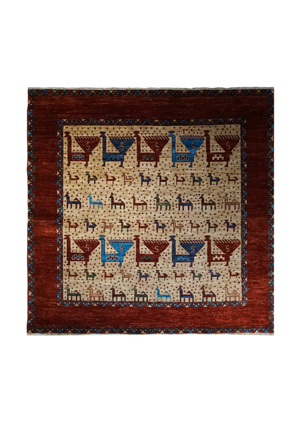A33814 Oriental Rug Pakistani Handmade Square Tribal 4'10'' x 5'0'' -5x5- Red Geometric Design