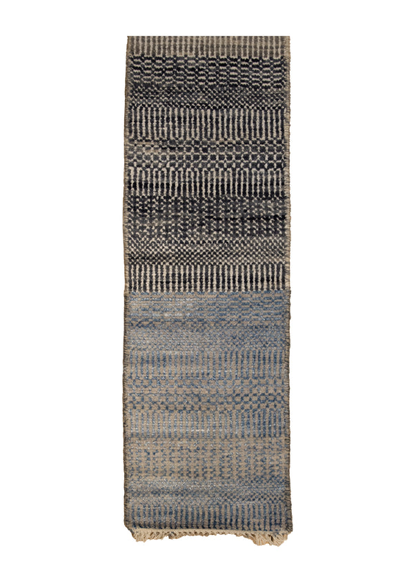 A33885 Oriental Rug Indian Handmade Runner Modern 0'12'' x 8'6'' -1x9- Multi-color Whites Beige Grass Stripes Design
