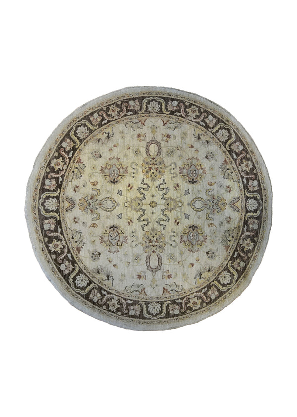 A33889 Oriental Rug Pakistani Handmade Round Transitional 6'5'' x 6'5'' -6x6- Whites Beige Brown Antique Washed Floral Oushak Design