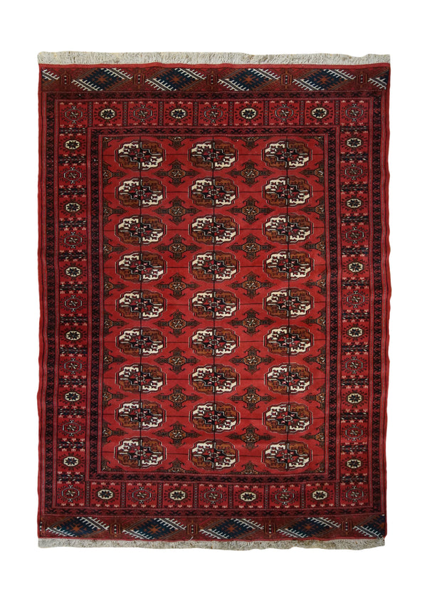 A33924 Persian Rug Turkmen Handmade Area Tribal 3'10'' x 5'2'' -4x5- Red Geometric Bokhara Elephant Foot Design