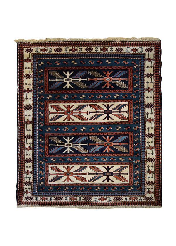 A33932 Persian Rug Yalameh Handmade Square Tribal 4'6'' x 5'0'' -5x5- Blue Whites Beige Orange Geometric Design