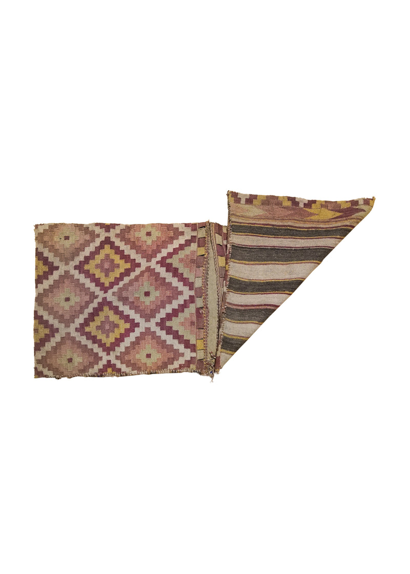 A33950 Persian Rug Baloch Handmade Saddle Tribal 1'10'' x 4'4'' -2x4- Whites Beige Pink Saddle Bag Geometric Kilim Design