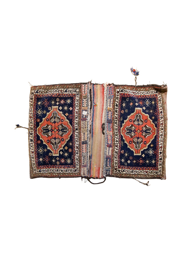 A33956 Persian Rug Baloch Handmade Saddle Tribal 2'5'' x 3'10'' -2x4- Blue Brown Red Saddle Bag Geometric Design
