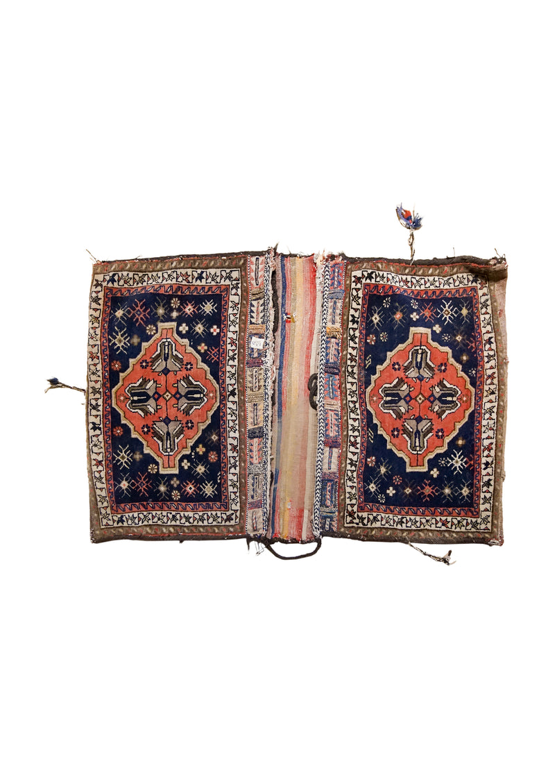 A33956 Persian Rug Baloch Handmade Saddle Tribal 2'5'' x 3'10'' -2x4- Blue Brown Red Saddle Bag Geometric Design
