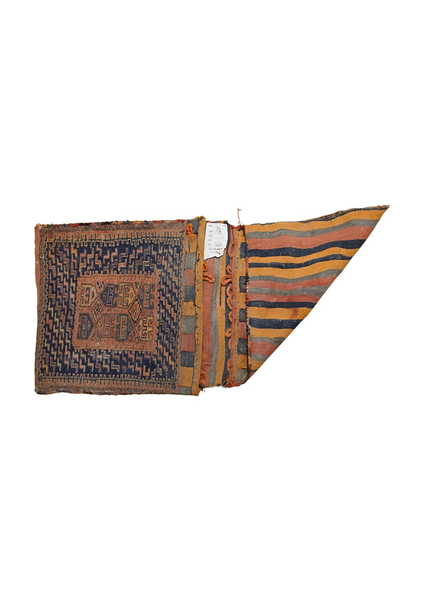 A33957 Persian Rug Baloch Handmade Saddle Tribal 1'7'' x 3'11'' -2x4- Blue Yellow Gold Saddle Bag Geometric Kilim Design