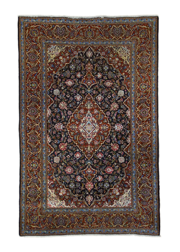 A33959 Persian Rug Kashan Handmade Area Traditional 4'8'' x 7'2'' -5x7- Blue Red Floral Toranj Mehrab Design