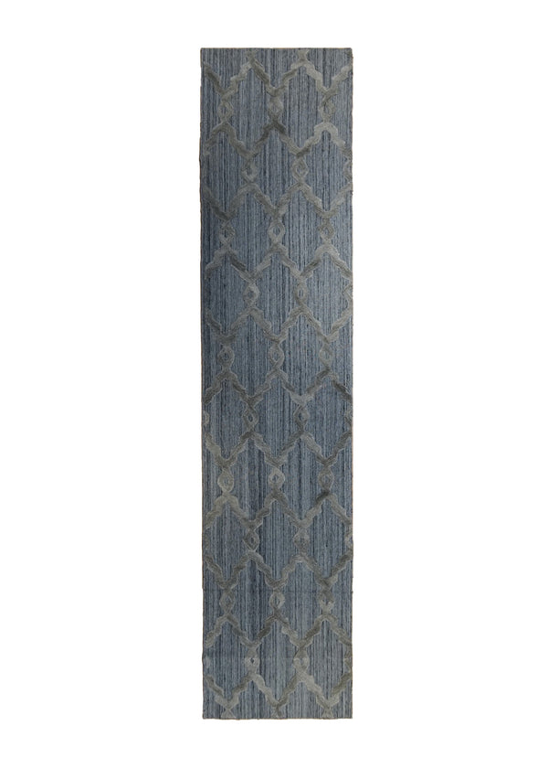 A33998 Oriental Rug Indian Handmade Runner Modern Neutral 2'8'' x 14'9'' -3x15- Blue High Low Pile Design