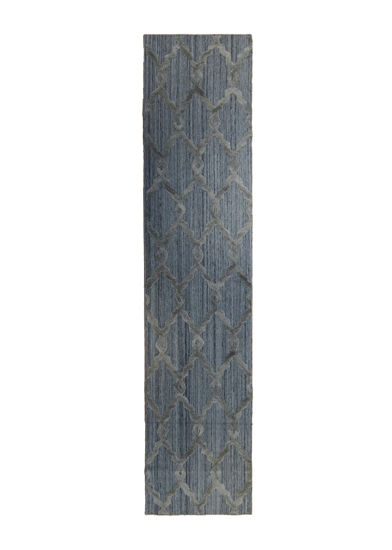 A33998 Oriental Rug Indian Handmade Runner Modern Neutral 2'8'' x 14'9'' -3x15- Blue High Low Pile Design