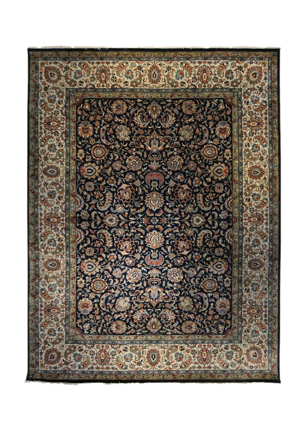 A34052 Oriental Rug Indian Handmade Area Traditional 9'1'' x 12'3'' -9x12- Black Whites Beige Floral Design