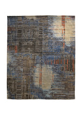 A34074 Oriental Rug Indian Handmade Area Modern 8'0'' x 9'10'' -8x10- Blue Brown Orange Abstract Lattice Design.jpg