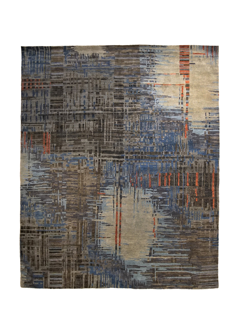 A34074 Oriental Rug Indian Handmade Area Modern 8'0'' x 9'10'' -8x10- Blue Brown Orange Abstract Lattice Design.jpg