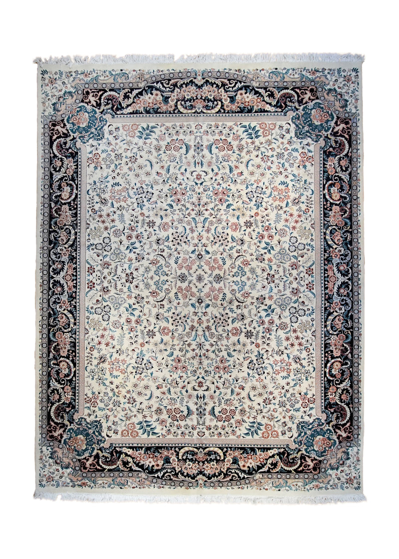 A34079 Oriental Rug Pakistani Handmade Area Traditional 9'1'' x 12'1'' -9x12- Whites Beige Black Blue Floral Design.jpg