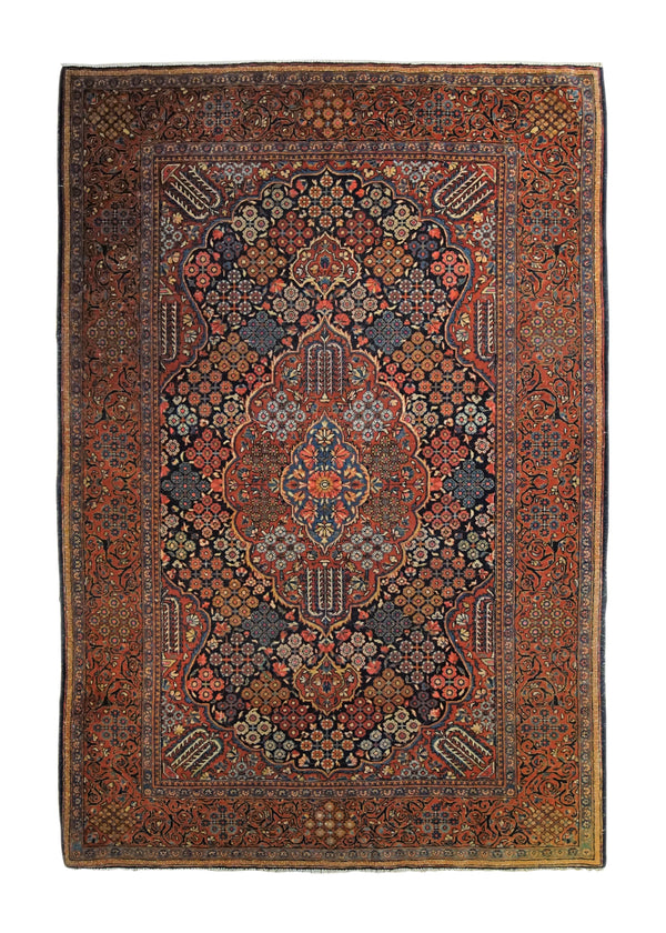 A34082 Persian Rug Kashan Handmade Area Traditional Antique 4'3'' x 6'8'' -4x7- Blue Red Whites Beige Floral Design