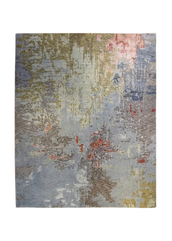 A34083 Oriental Rug Indian Handmade Area Modern 7'9'' x 9'9'' -8x10- Yellow Gold Blue Purple Splatter Abstract Design