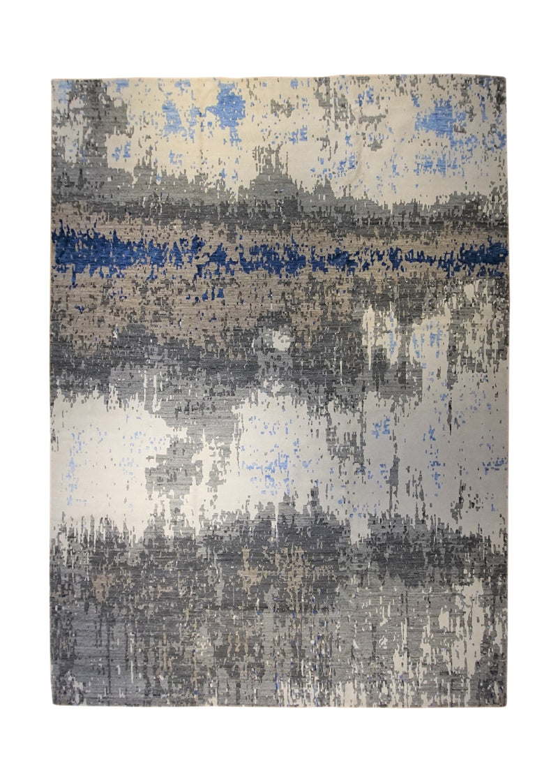 A34089 Oriental Rug Indian Handmade Area Modern 9'1" x 12'0" -9x12- Whites Beige Gray Blue Abstract Splatter Design