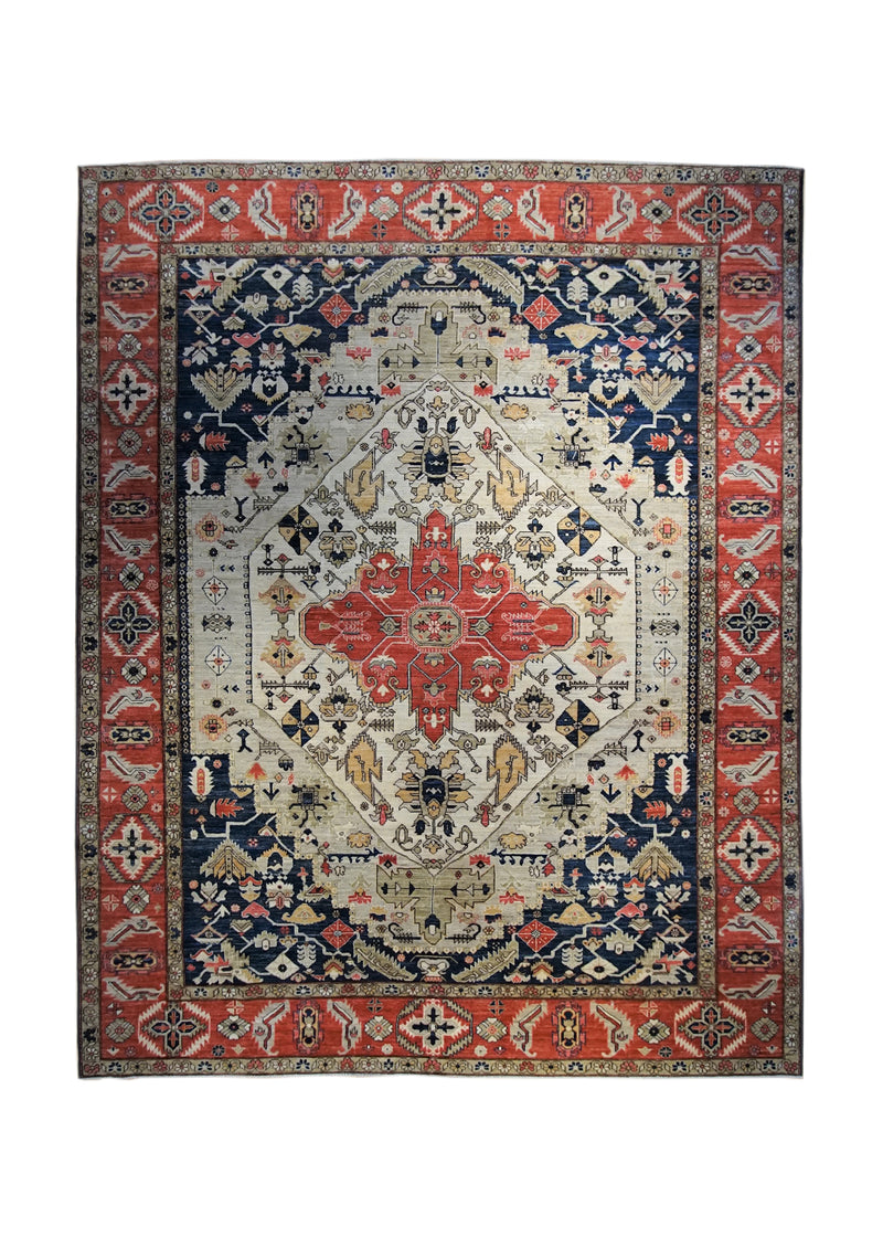 A34092 Oriental Rug Pakistani Handmade Area Transitional Tribal 9'2'' x 11'10'' -9x12- Red Blue Serapi Geometric Design
