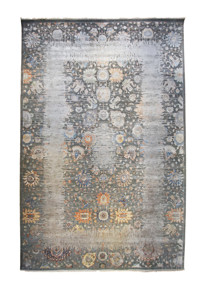 A34144 Oriental Rug Indian Handmade Area Transitional Modern 11'10'' x 18'3'' -12x18- Gray Orange Abstract Erased Oushak Design.jpg