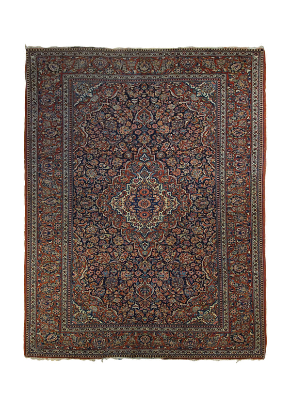A34150 Persian Rug Kashan Handmade Area Antique Traditional 4'6'' x 7'4'' -5x7- Red Blue Floral Toranj Mehrab Design