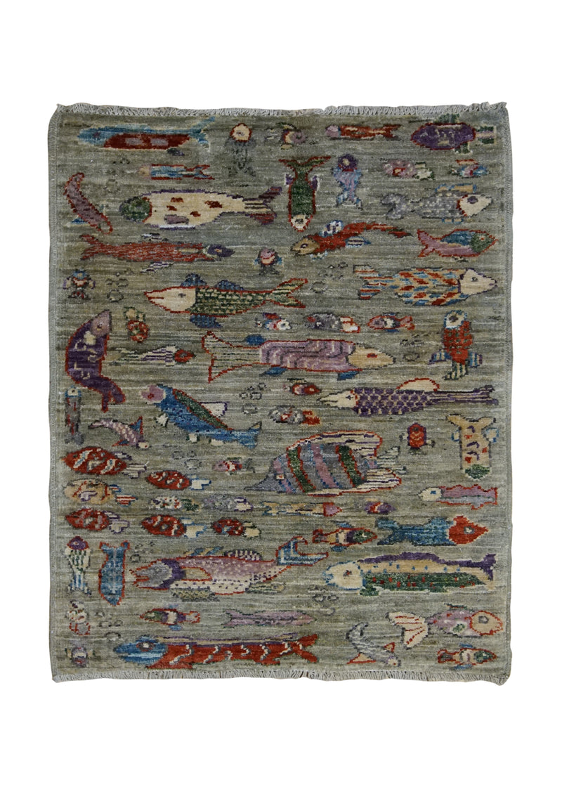 A34158 Oriental Rug Pakistani Handmade Area Transitional 2'2'' x 3'1'' -2x3- Green Multi-color Animals Pictorial Gabbeh Design