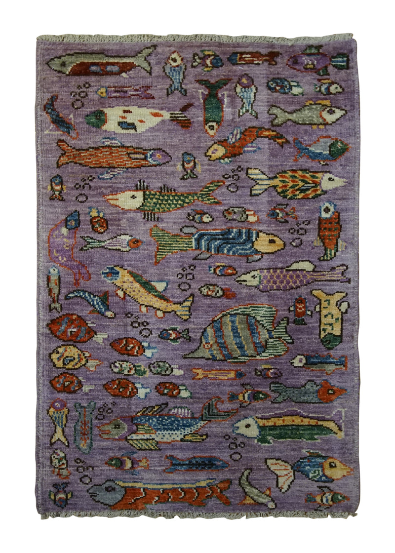 A34172 Oriental Rug Pakistani Handmade Area Transitional 2'0'' x 3'7'' -2x4- Purple Multi-color Animals Pictorial Gabbeh Design