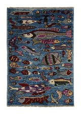 A34175 Oriental Rug Pakistani Handmade Area Transitional 2'1'' x 3'0'' -2x3- Blue Multi-color Animals Pictorial Gabbeh Design