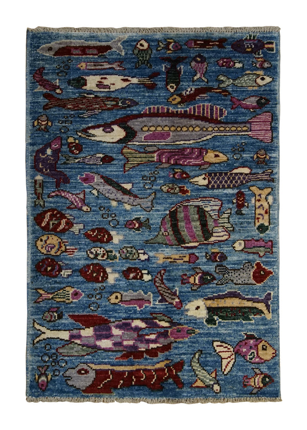 A34175 Oriental Rug Pakistani Handmade Area Transitional 2'1'' x 3'0'' -2x3- Blue Multi-color Animals Pictorial Gabbeh Design